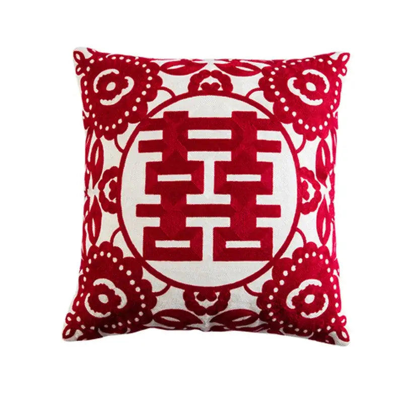 Red embroidered traditional lumbar pillow with double happiness embroidered symbol on white background for bedroom case