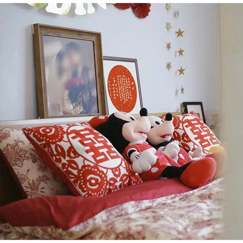Double happiness embroidered red traditional lumbar pillow with intricate floral patterns for bedroom decor