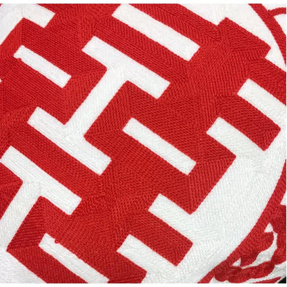 Double happiness embroidered red traditional lumbar pillow cover with red and white geometric pattern for bedroom use
