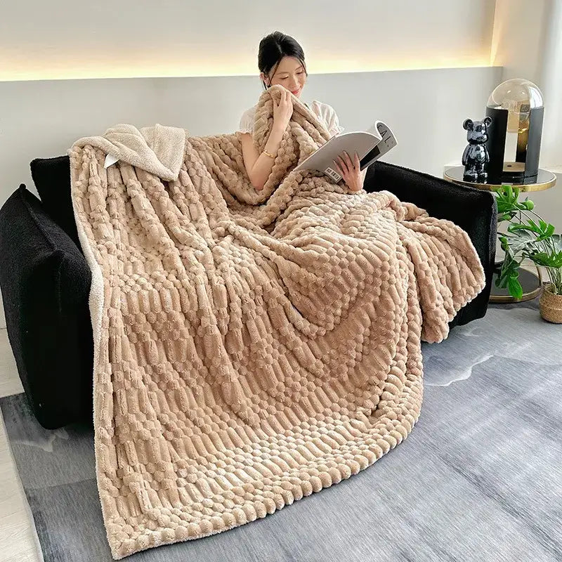 Beige double layer lamb plush throw blanket with thick textured fleece and cozy soft plush throw blanket appearance