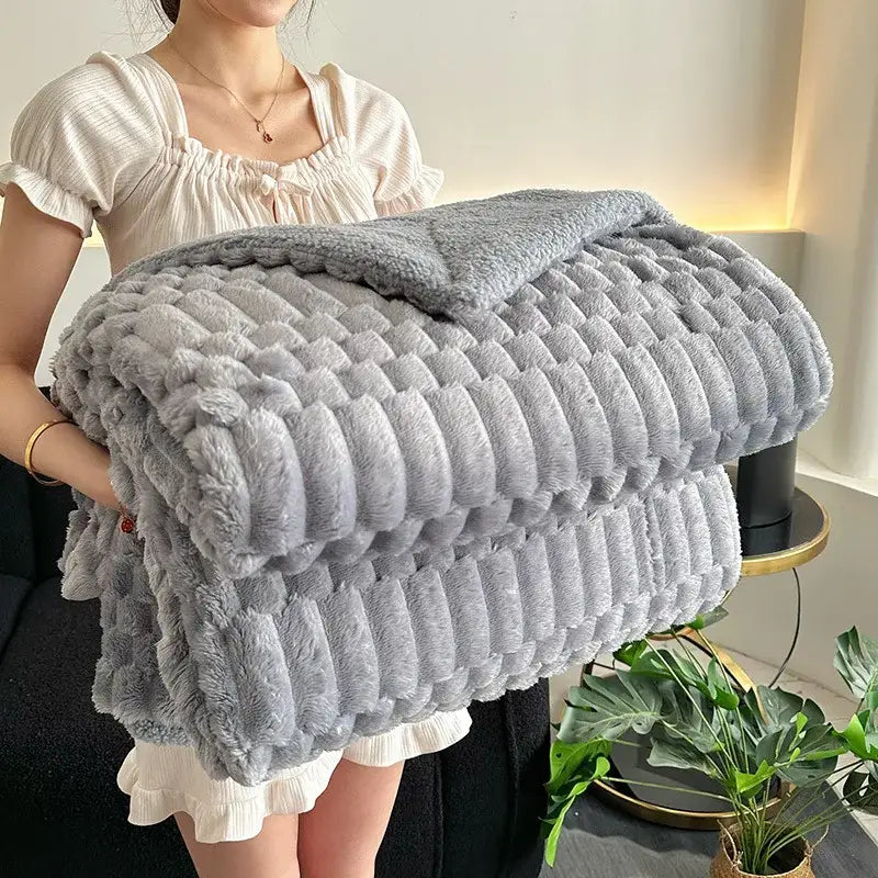 A light gray double layer lamb plush throw blanket with textured ribbed knit fleece for a soft bedroom plush throw