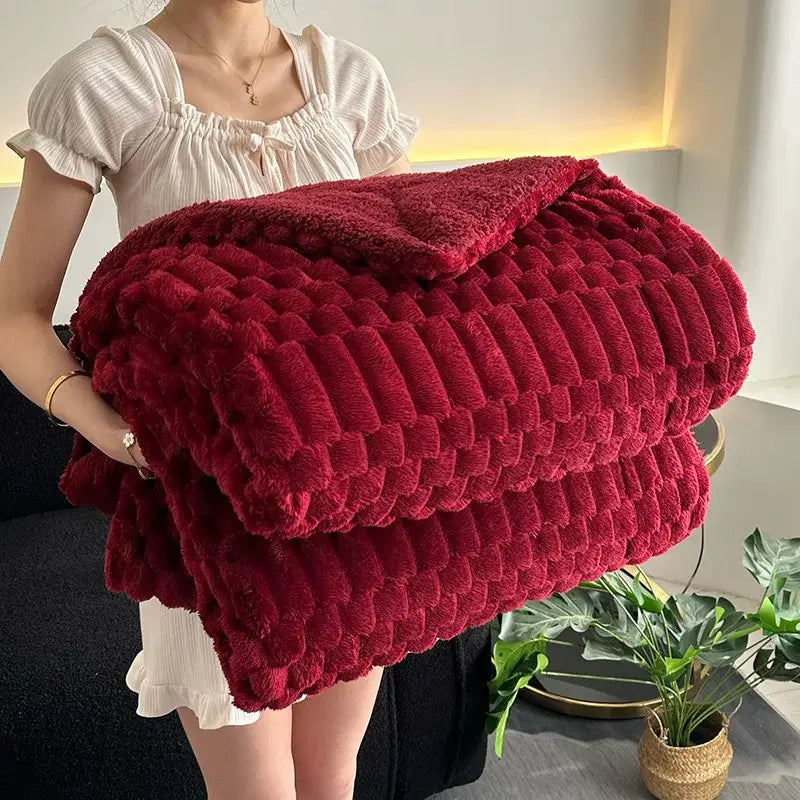 Double layer deep red lamb plush throw blanket with textured ribbed knit pattern for soft bedroom comfort