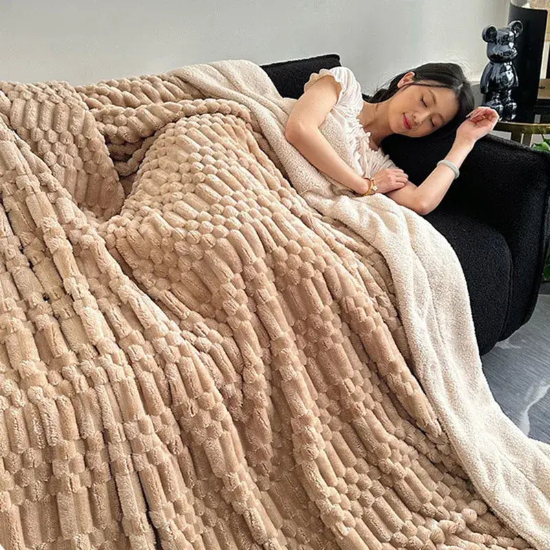 Beige textured double layer lamb plush throw blanket with plush chunky knit pattern for soft bedroom use