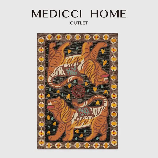 Medici home outlet double tiger bohemian rectangular rug with orange tigers and ornate border for living room decor