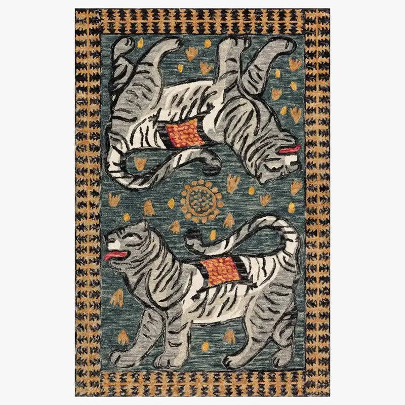 A rectangular double tiger bohemian moroccan rug with white tigers on dark teal and gold leaf patterns for living room decor