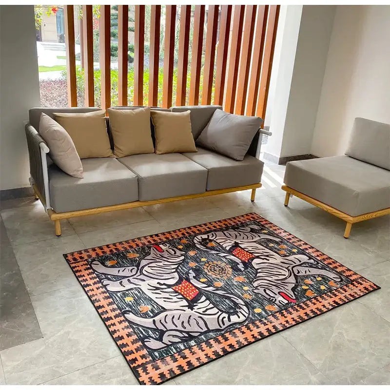 Rectangular double tiger bohemian moroccan rug with bold white tigers and orange black geometric border for living room decor