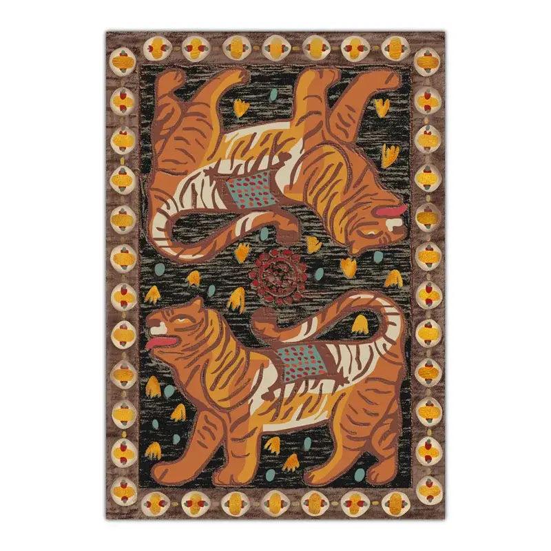 Rectangular bohemian moroccan rug featuring two stylized orange and white tigers with yellow floral motifs and circular borders