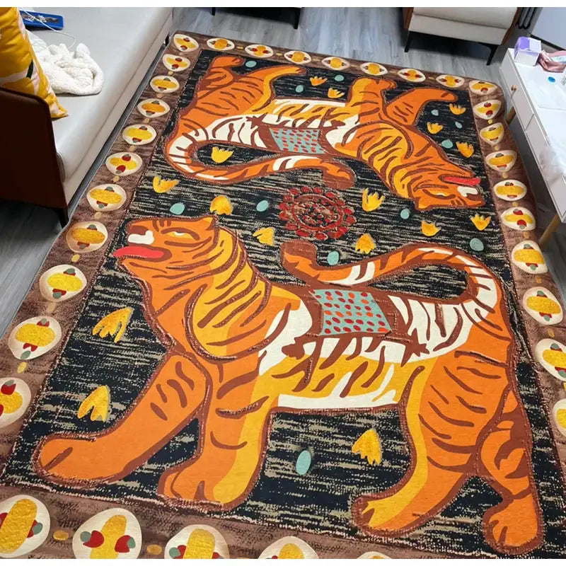Vibrant orange double tiger bohemian rug with black white stripes and yellow floral border for living room decor
