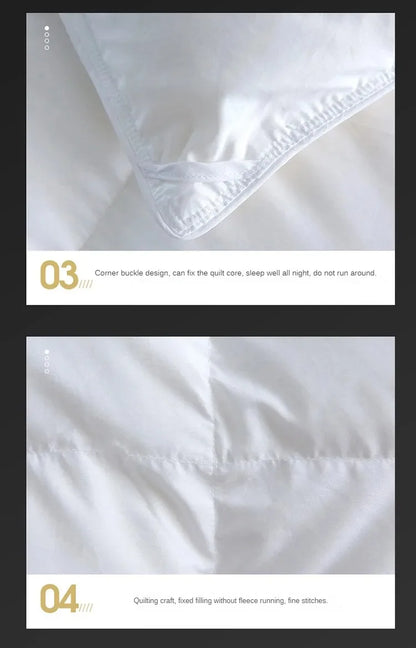 White quilted pillow with corner buckle design and fine stitching for down duvet 95 white goose down warmth