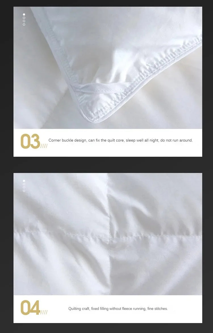 White quilted pillow with corner buckle design and fine stitching for down duvet 95 white goose down warmth