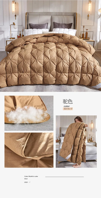 A plush tan down duvet with diamond quilting and soft white 95 white goose down filling for warm double use