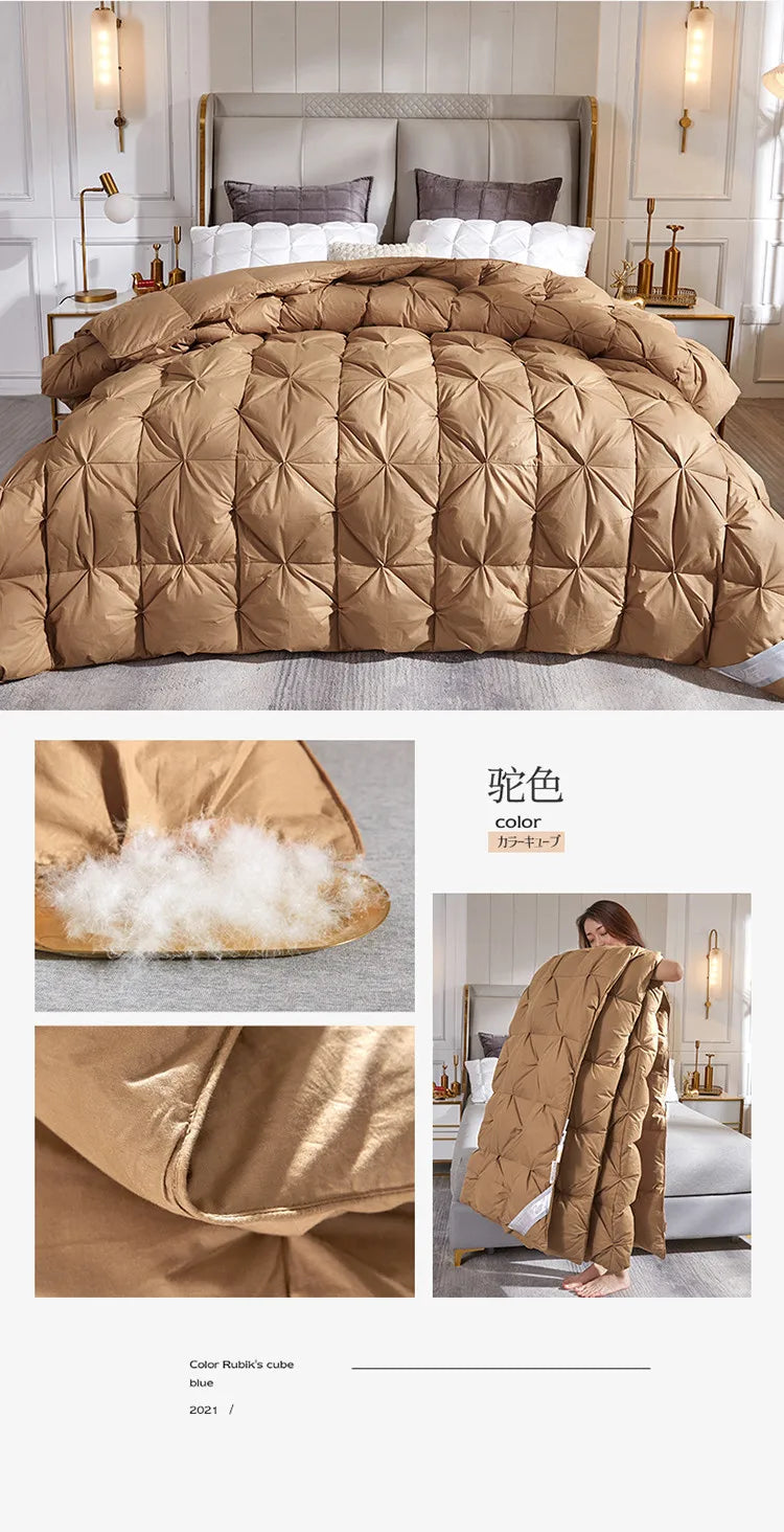 A plush tan down duvet with diamond quilting and soft white 95 white goose down filling for warm double use