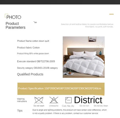 White cotton down quilt with 95 percent white goose down filling featuring soft comfortable texture for warm bedding
