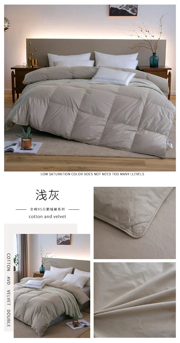 Light gray quilted down duvet with 95 white goose down fill in cotton and velvet for warm double or single use