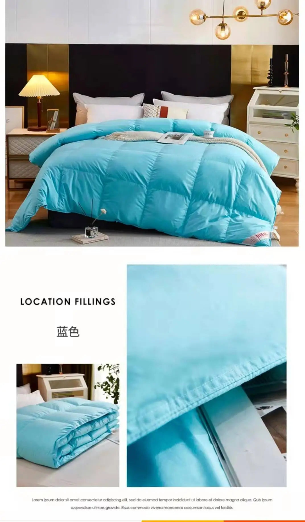 A plush vibrant blue down duvet with quilted design made of 95 white goose down for five star hotel warmth