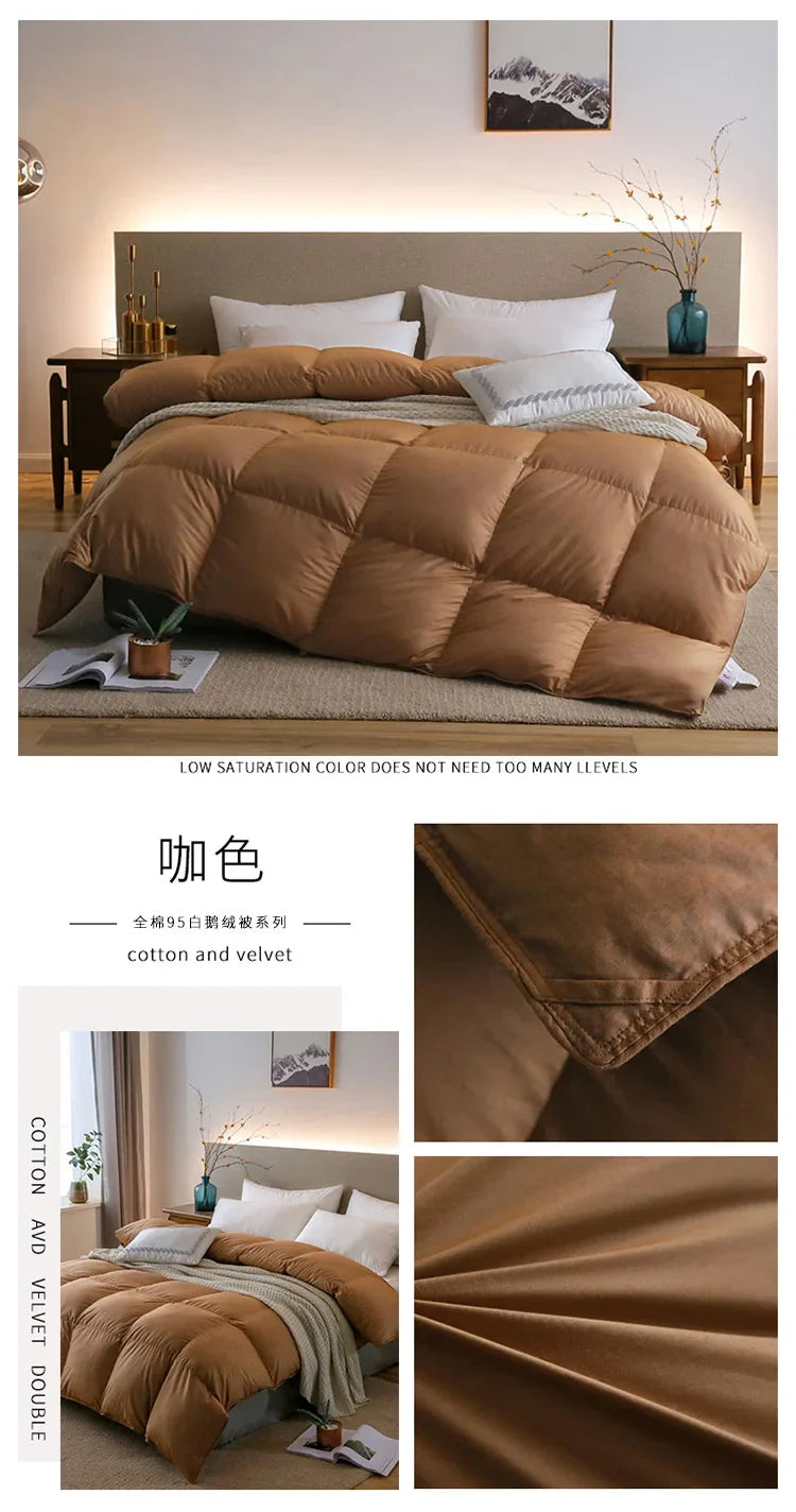 A plush tan-colored down duvet made of cotton and velvet with 95 white goose down for warm hotel-quality comfort