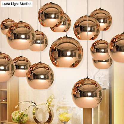 Down Lighting Industrial Pendant Light: Mirror Glass Globe with Open Bottom - 6"/8" W, 1-Light Bar in Brass/Chrome/Gold