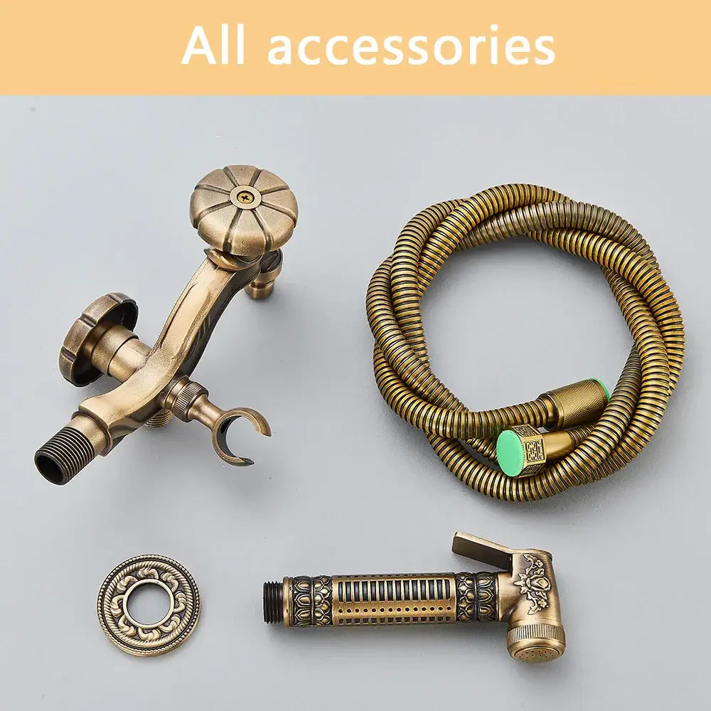 Antique brass bathroom wall mount faucet with dragon carved decorbites design and matching ornate flexible hose