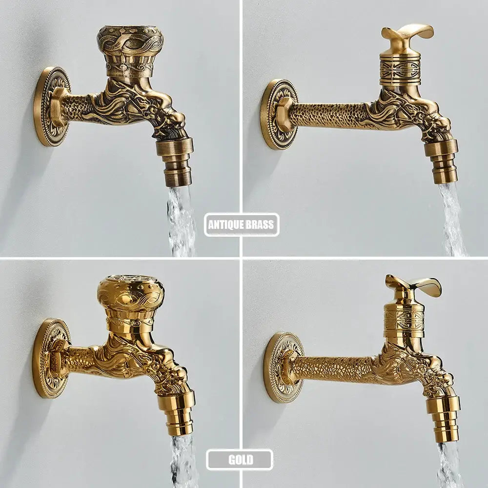 Dragon carved antique brass faucet bathroom wall mount decor featuring intricate gold dragon carved antique details