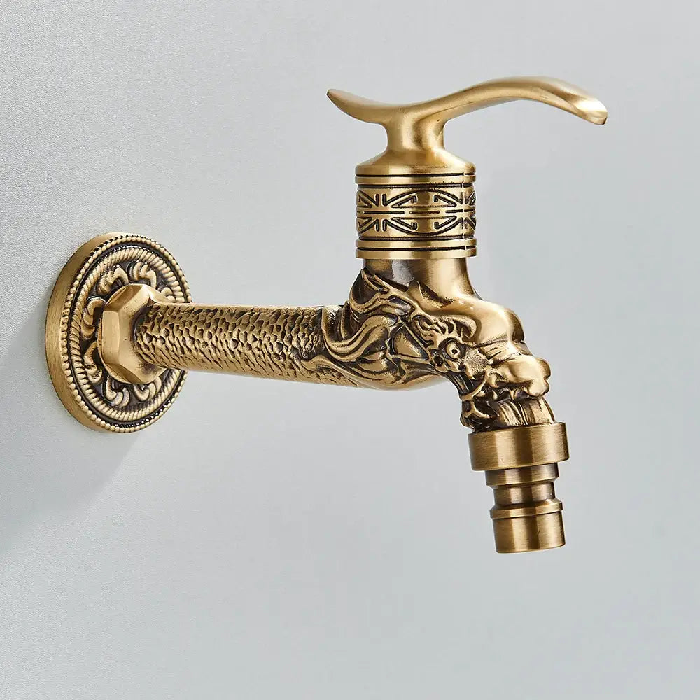 Antique brass bathroom wall mount faucet with ornate decorbites dragon carved design and intricate detailing
