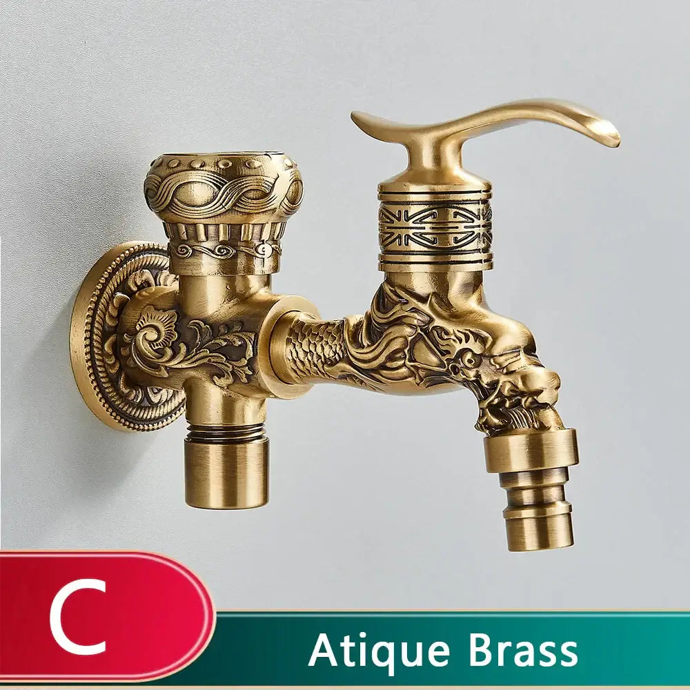 Antique brass outdoor faucet with ornate dragon carved antique head and intricate floral decorbites dragon carved patterns