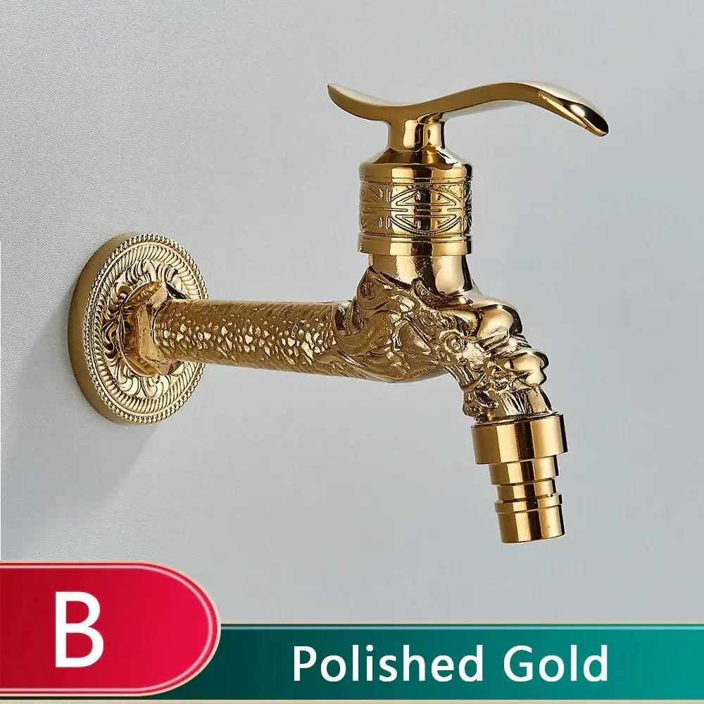 Polished gold brass wall mount faucet with ornate decorbites dragon carved antique design for bathroom decor
