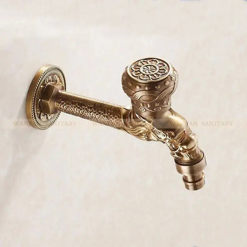 Antique bronze dragon carved faucet with intricate floral and dragon details for bathroom and outdoor use