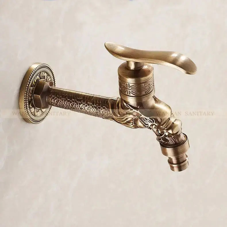 Antique bronze dragon carved faucet with ornate dragon head and textured body for bathroom and outdoor use