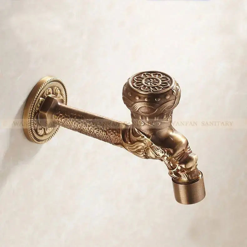 Antique bronze bathroom faucet with ornate decorbites dragon carved head and intricate floral handle detailing