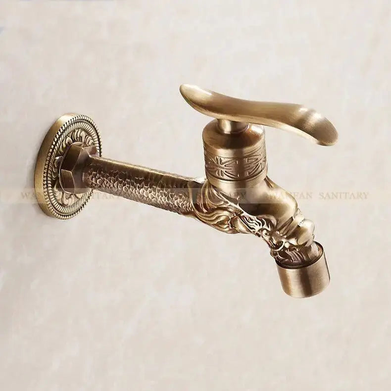 Antique bronze dragon carved faucet with ornate dragon head and intricate embossed patterns for bathroom or outdoor use