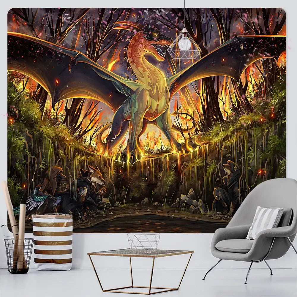 A vibrant decorbites dragon psychedelic art tapestry featuring a glowing orange and gold dragon for wall decor