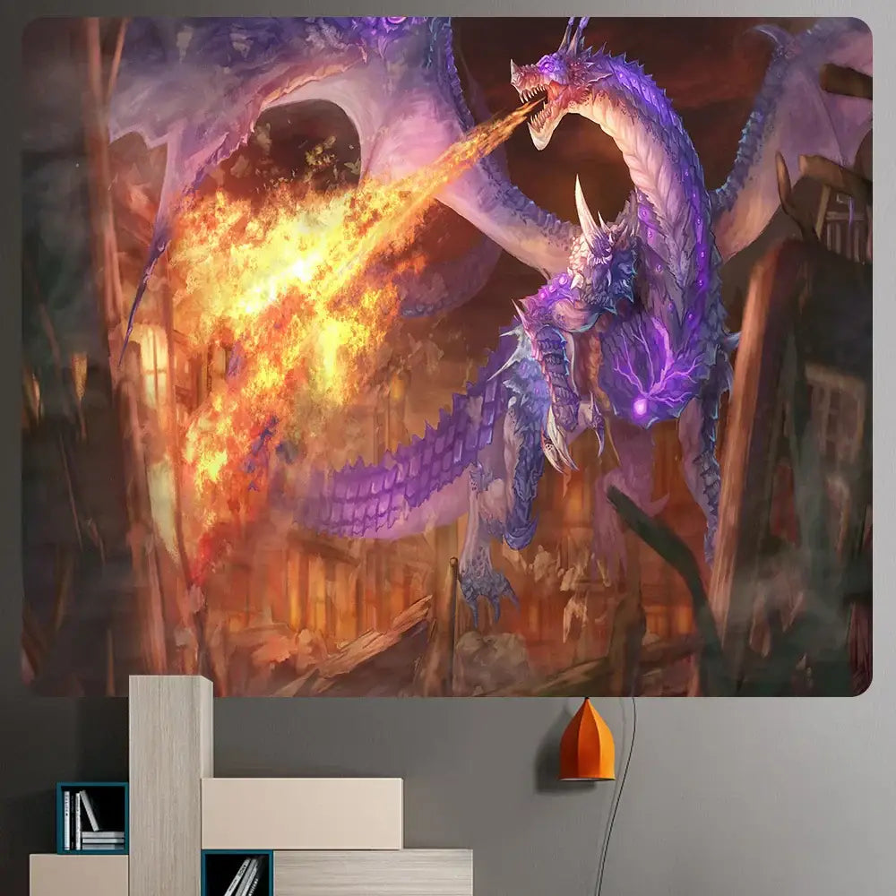 Purple and blue dragon psychedelic art tapestry with fiery breath attack over ruins orange and gold wall decor for bedroom