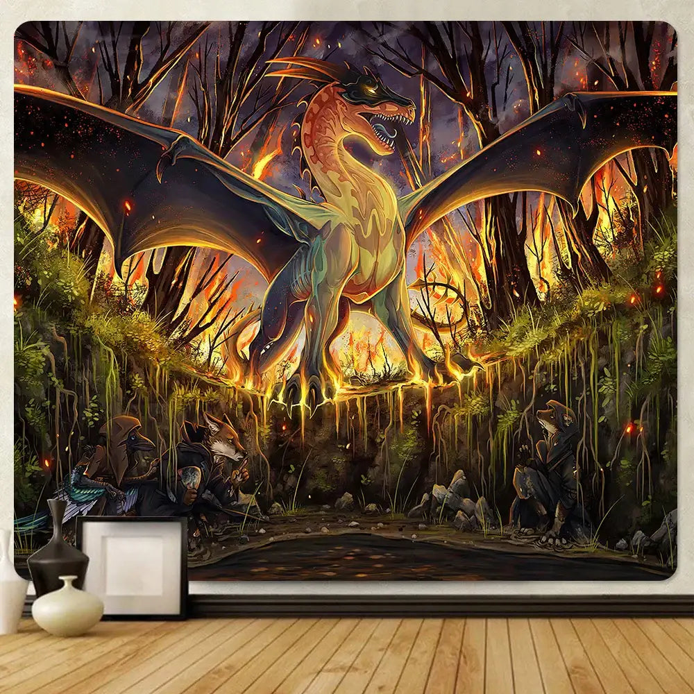 A vibrant dragon psychedelic art tapestry with orange and gold scales depicts a burning forest for bedroom decorbites decor