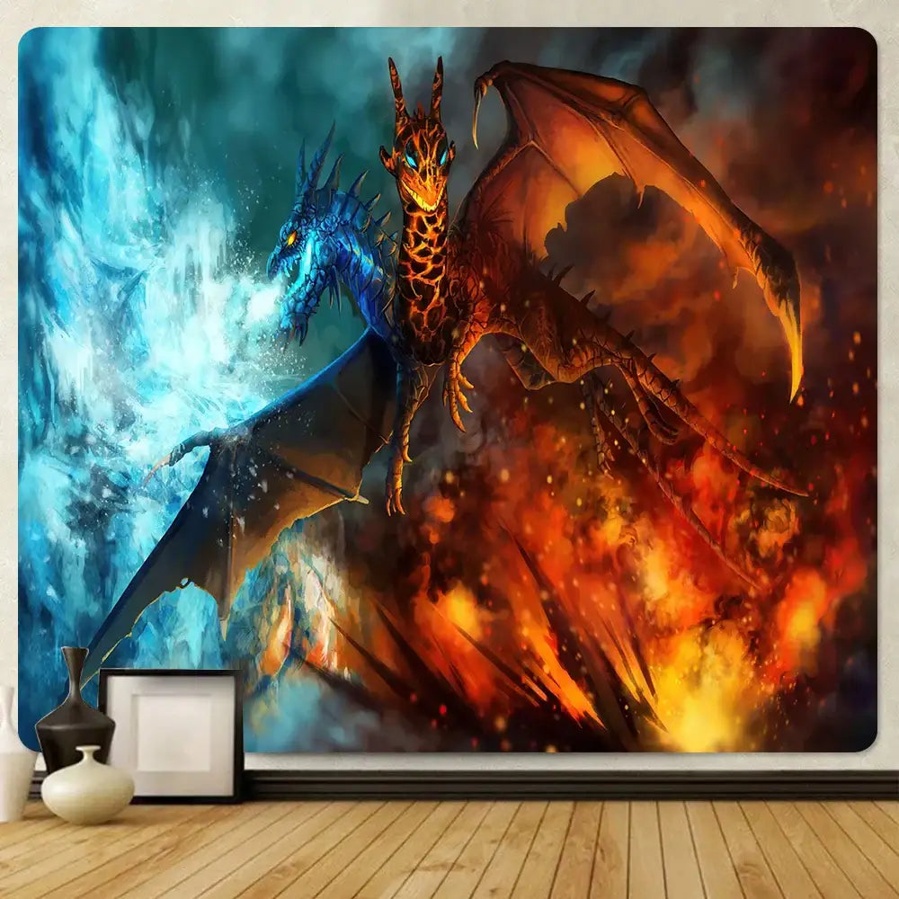 Vibrant orange and gold dragon psychedelic art tapestry by decorbites featuring blue and fiery dragons in battle