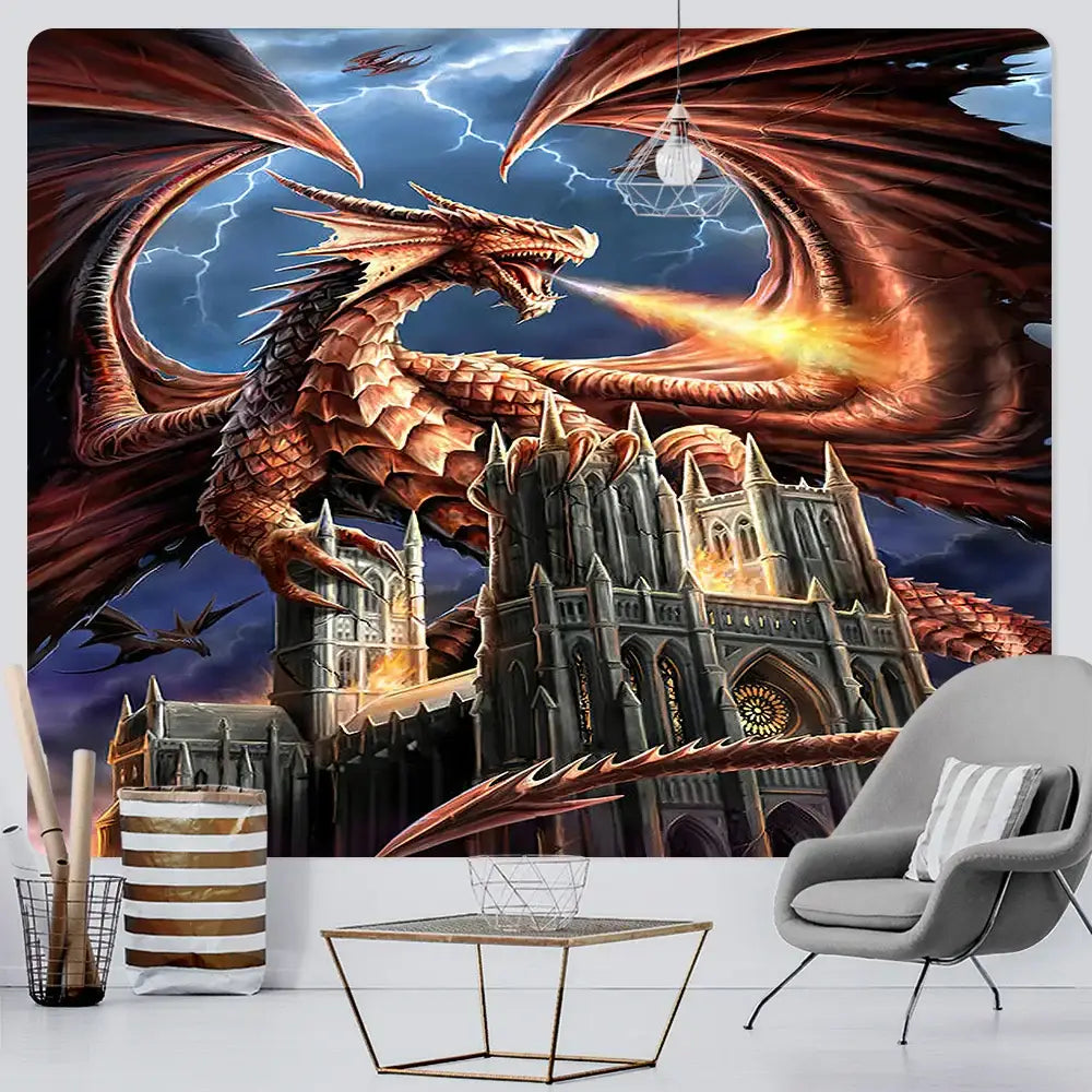 A vibrant red and gold dragon psychedelic art tapestry depicting a fiery battle over a gothic cathedral for wall decor