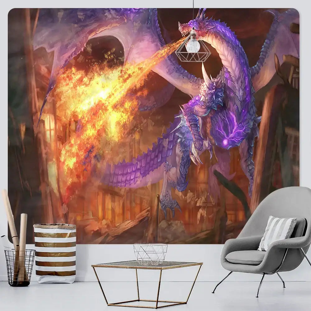 A vibrant purple dragon psychedelic art tapestry featuring detailed scales and glowing eyes for bedroom decorbites decor