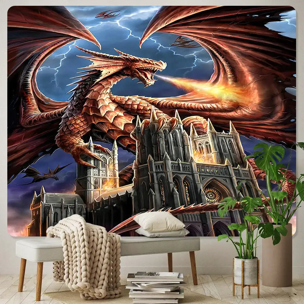A vibrant orange and gold dragon psychedelic art tapestry featuring a fierce red dragon over a gothic cathedral for wall decor