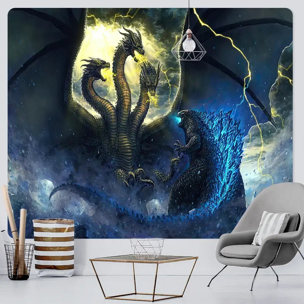 A dragon psychedelic art tapestry in orange and gold depicting godzilla vs king ghidorah battle under stormy sky for bedroom decor