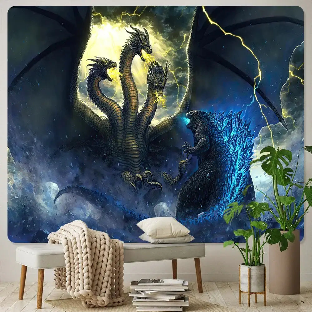 A dragon psychedelic art tapestry in orange and gold featuring godzilla and king ghidorah battle for bedroom decorbites decor