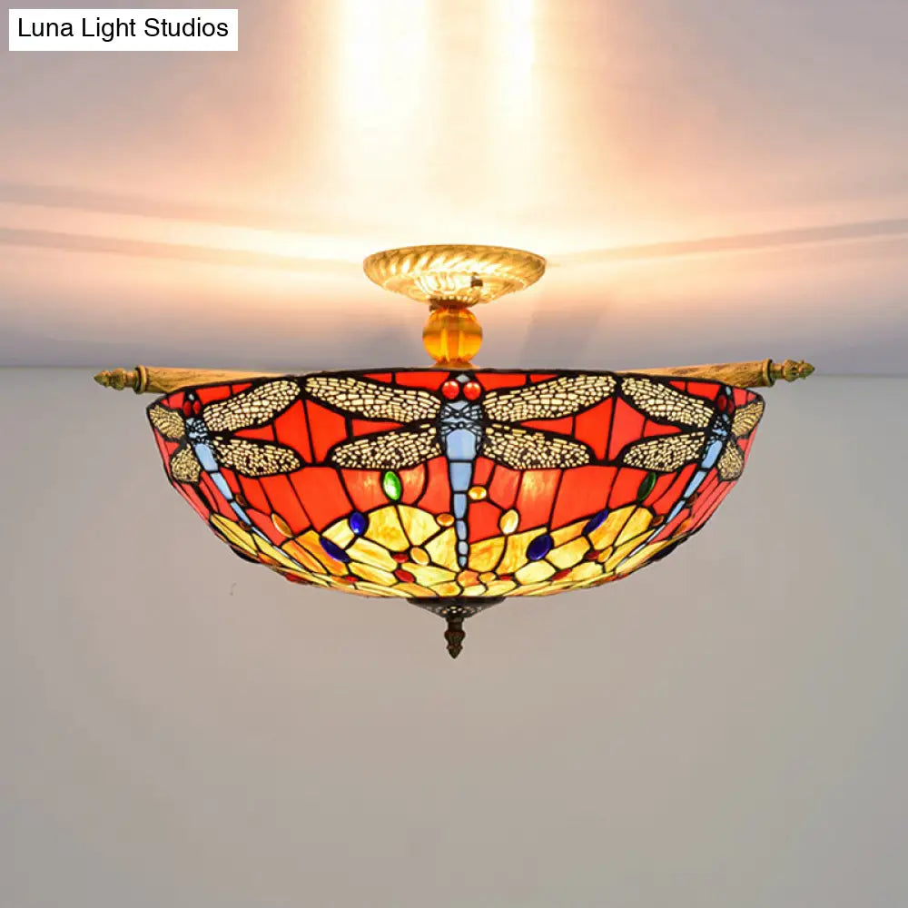 Dragonfly Ceiling Tiffany Brass Stained Glass Flush Mount Light - 5 Lights, 21.5"/25.5" Width