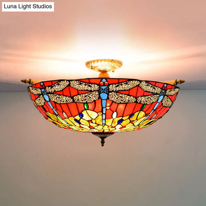 Dragonfly Ceiling Tiffany Brass Stained Glass Flush Mount Light - 5 Lights, 21.5"/25.5" Width