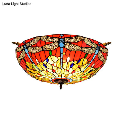 Dragonfly Ceiling Tiffany Brass Stained Glass Flush Mount Light - 5 Lights, 21.5"/25.5" Width