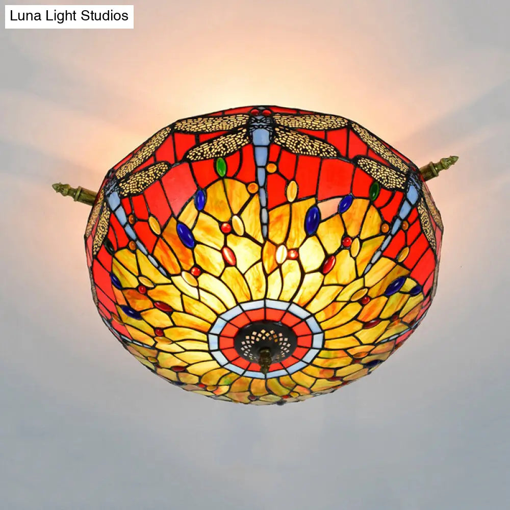 Dragonfly Ceiling Tiffany Brass Stained Glass Flush Mount Light - 5 Lights, 21.5"/25.5" Width