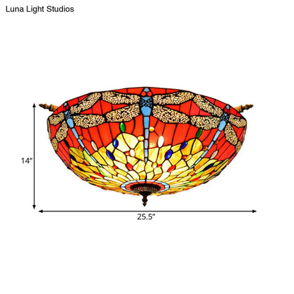 Dragonfly Ceiling Tiffany Brass Stained Glass Flush Mount Light - 5 Lights, 21.5"/25.5" Width