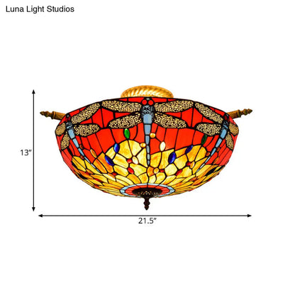 Dragonfly Ceiling Tiffany Brass Stained Glass Flush Mount Light - 5 Lights, 21.5"/25.5" Width