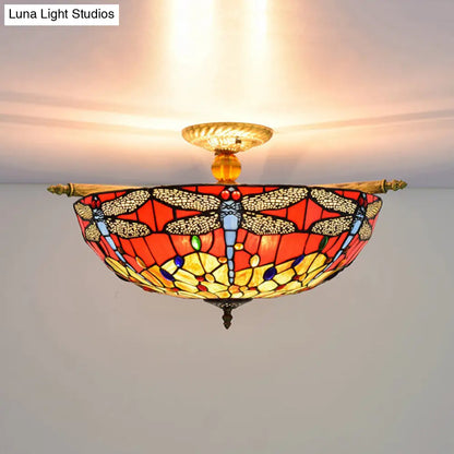 Dragonfly Ceiling Tiffany Brass Stained Glass Flush Mount Light - 5 Lights, 21.5"/25.5" Width