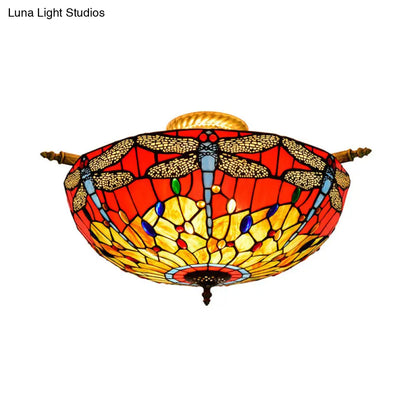 Dragonfly Ceiling Tiffany Brass Stained Glass Flush Mount Light - 5 Lights, 21.5"/25.5" Width