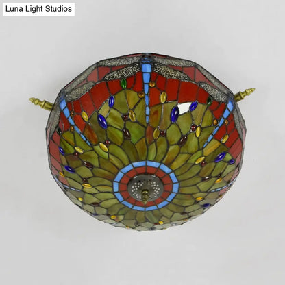 Dragonfly Ceiling Tiffany Brass Stained Glass Flush Mount Light - 5 Lights, 21.5"/25.5" Width