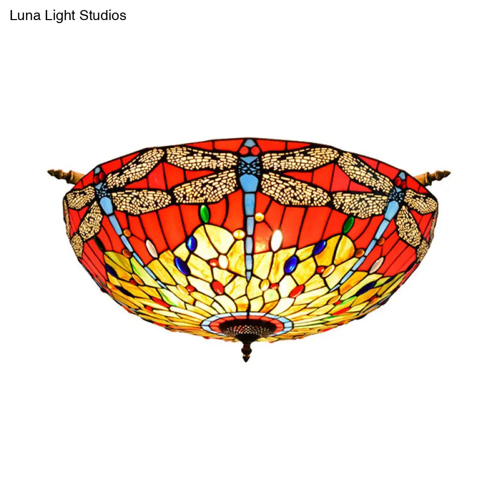 Dragonfly Ceiling Tiffany Brass Stained Glass Flush Mount Light - 5 Lights, 21.5"/25.5" Width