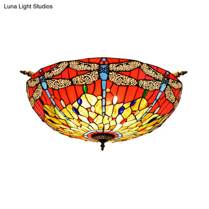 Dragonfly Ceiling Tiffany Brass Stained Glass Flush Mount Light - 5 Lights, 21.5"/25.5" Width